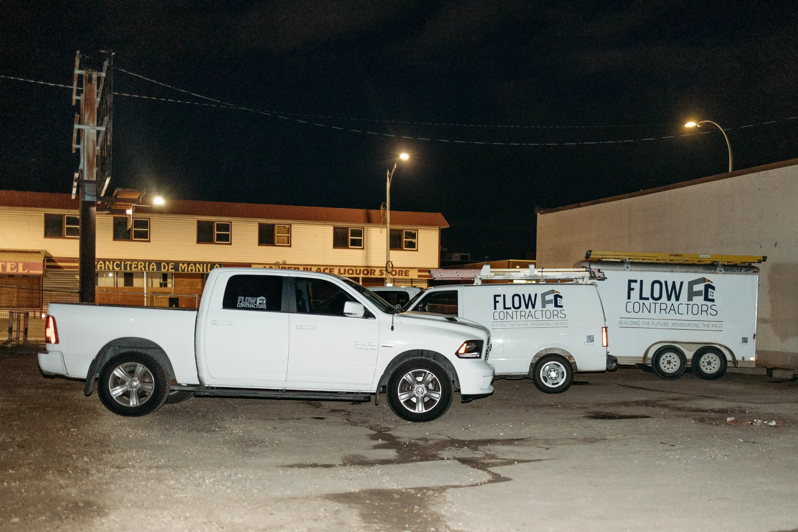 Flow General Contractors fleet of work vehicles used to serve Edmonton, St.Albert, Sherwood Park, and Nearby area